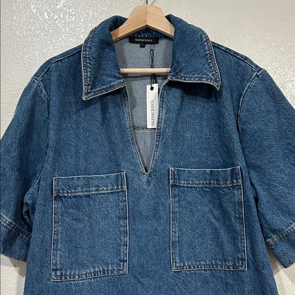 OLIVACEOUS  WOMENS COLLARED  DENIM MINI DRESS SZ LG NEW - Picture 4 of 9